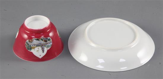 A Chinese ruby ground teabowl and saucer, 18th or 19th century, the saucer 11.3cm
